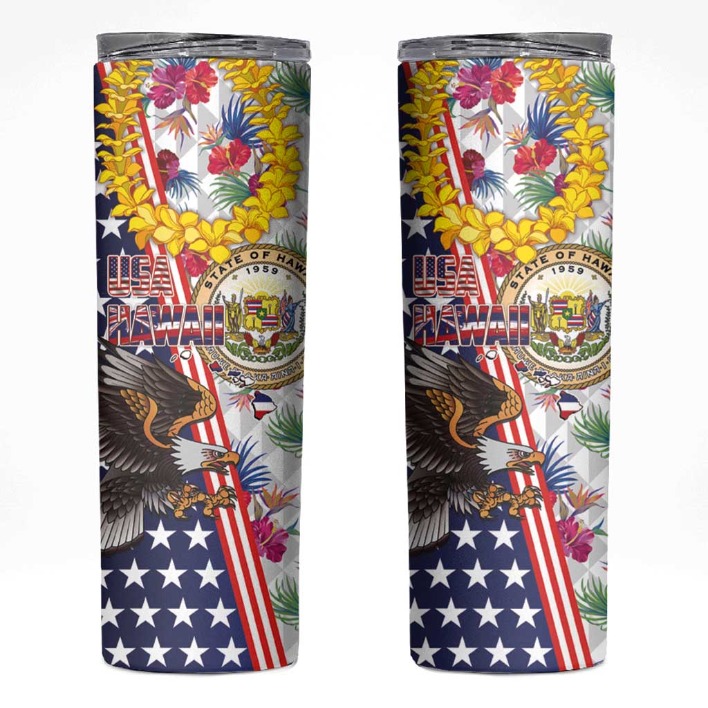 Hawaii and United States Together Skinny Tumbler Seal of Hawaii and Bald Eagle LT03 White - Polynesian Pride