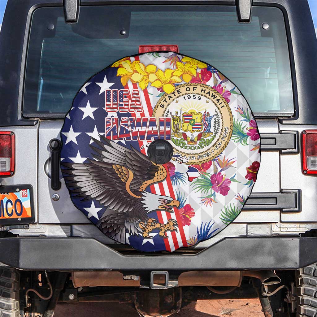 Hawaii and United States Together Spare Tire Cover Seal of Hawaii and Bald Eagle LT03 White - Polynesian Pride