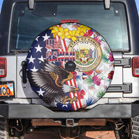 Hawaii and United States Together Spare Tire Cover Seal of Hawaii and Bald Eagle LT03 White - Polynesian Pride