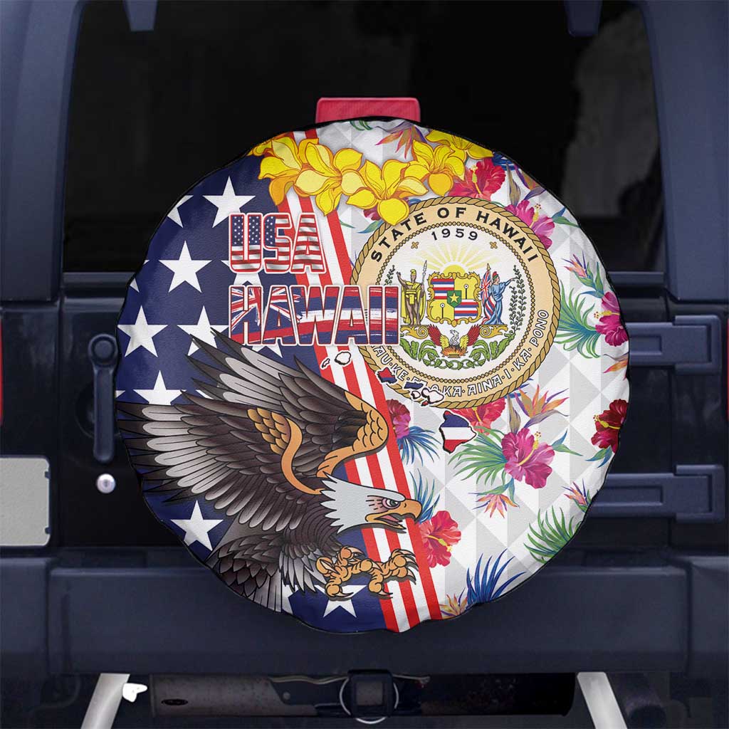 Hawaii and United States Together Spare Tire Cover Seal of Hawaii and Bald Eagle LT03 No hole White - Polynesian Pride