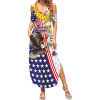 Hawaii and United States Together Summer Maxi Dress Seal of Hawaii and Bald Eagle LT03 Women White - Polynesian Pride