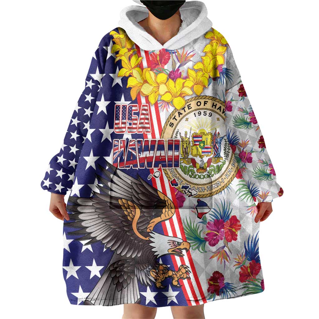 Hawaii and United States Together Wearable Blanket Hoodie Seal of Hawaii and Bald Eagle LT03 - Polynesian Pride