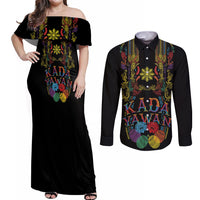Philippines Kadayawan Festival Couples Matching Off Shoulder Maxi Dress and Long Sleeve Button Shirt Polynesian Tribal Art Barong Style LT03 Black - Polynesian Pride