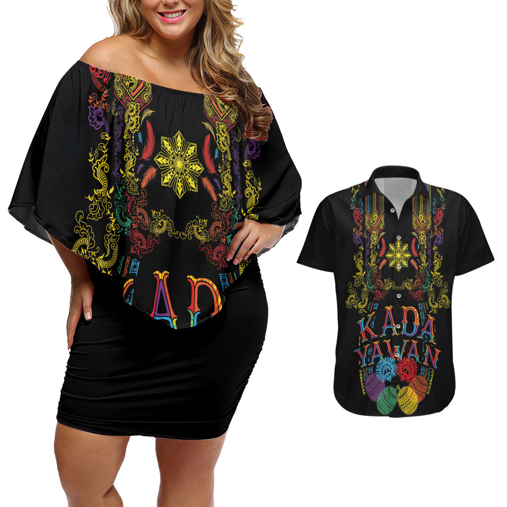 Philippines Kadayawan Festival Couples Matching Off Shoulder Short Dress and Hawaiian Shirt Polynesian Tribal Art Barong Style LT03 Black - Polynesian Pride