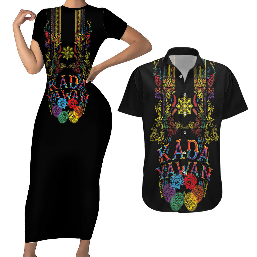 Philippines Kadayawan Festival Couples Matching Short Sleeve Bodycon Dress and Hawaiian Shirt Polynesian Tribal Art Barong Style LT03 Black - Polynesian Pride