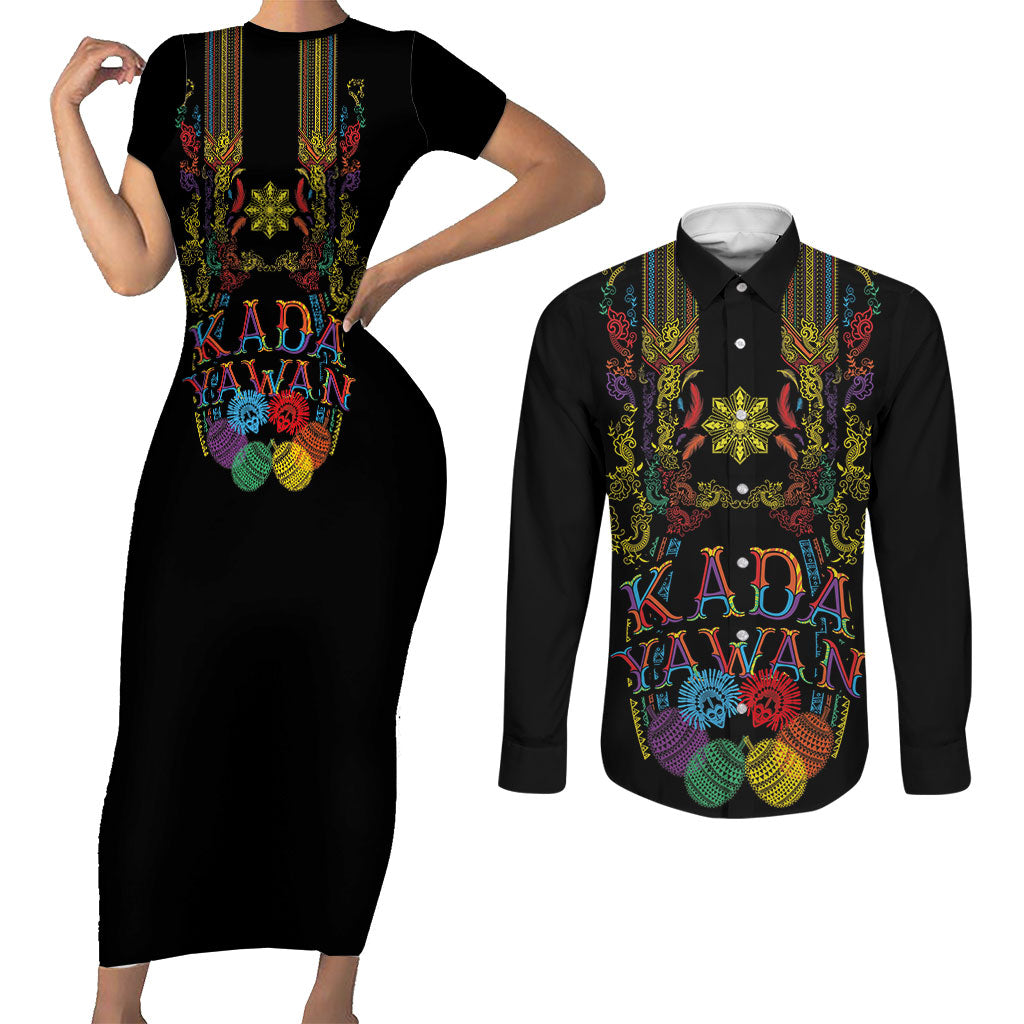Philippines Kadayawan Festival Couples Matching Short Sleeve Bodycon Dress and Long Sleeve Button Shirt Polynesian Tribal Art Barong Style LT03 Black - Polynesian Pride