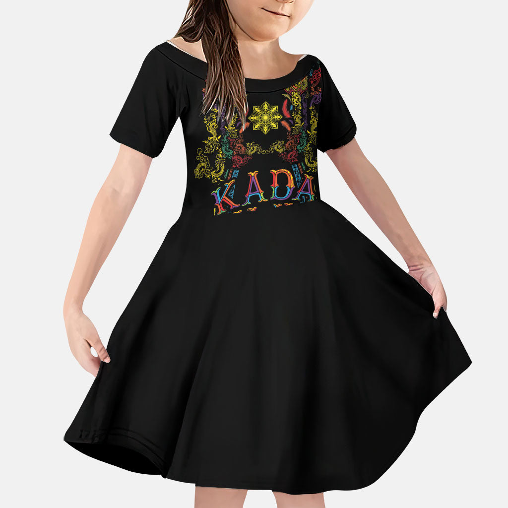 Philippines Kadayawan Festival Family Matching Off Shoulder Short Dress and Hawaiian Shirt Polynesian Tribal Art Barong Style LT03 Daughter's Dress Black - Polynesian Pride