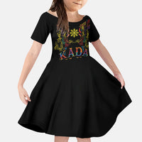 Philippines Kadayawan Festival Family Matching Off Shoulder Short Dress and Hawaiian Shirt Polynesian Tribal Art Barong Style LT03 Daughter's Dress Black - Polynesian Pride