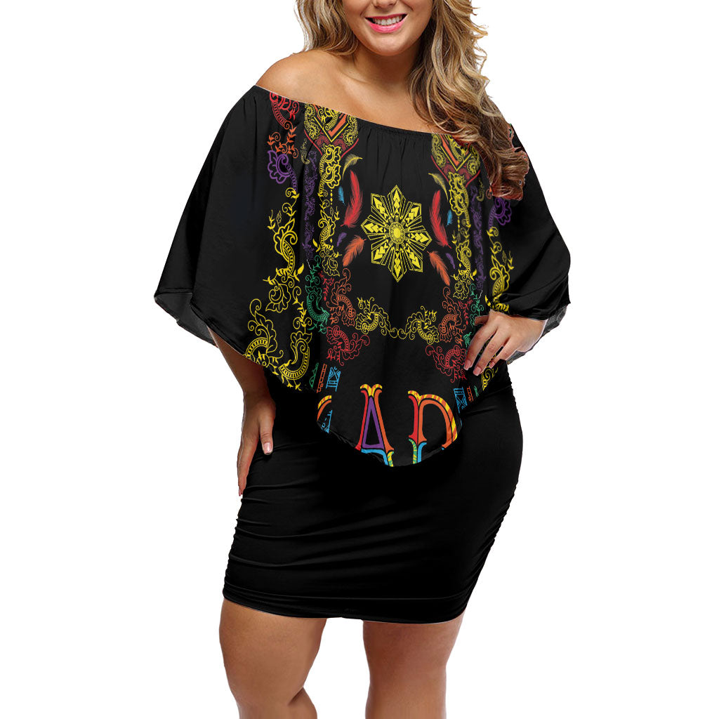 Philippines Kadayawan Festival Family Matching Off Shoulder Short Dress and Hawaiian Shirt Polynesian Tribal Art Barong Style LT03 Mom's Dress Black - Polynesian Pride