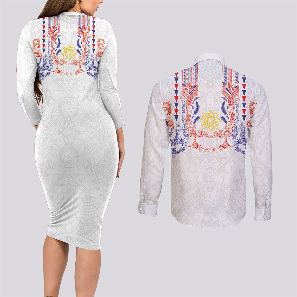 Philippines Barong Style Couples Matching Long Sleeve Bodycon Dress and Long Sleeve Button Shirt Polynesian Kakau Art Tattoos with Tribal Filipino Sun LT03 - Polynesian Pride