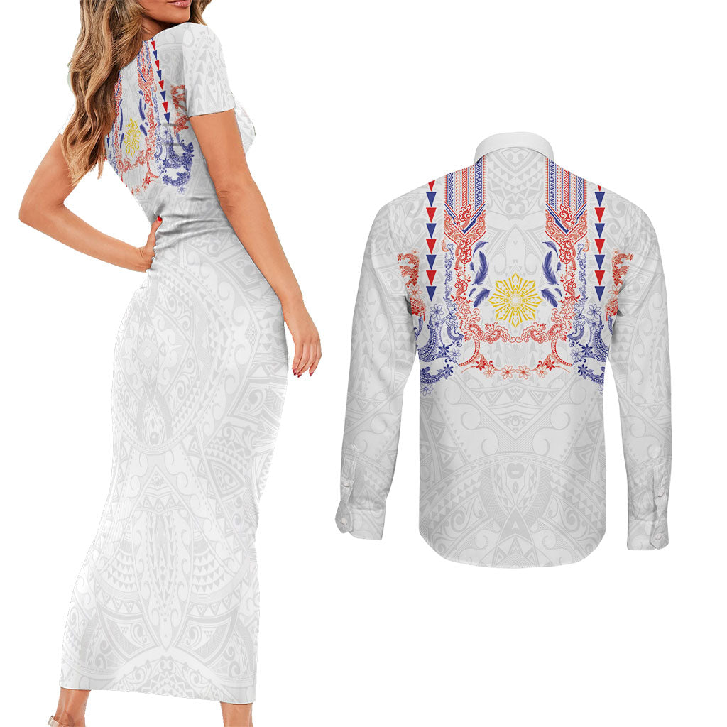 Philippines Barong Style Couples Matching Short Sleeve Bodycon Dress and Long Sleeve Button Shirt Polynesian Kakau Art Tattoos with Tribal Filipino Sun LT03 - Polynesian Pride