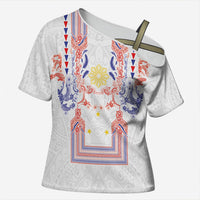 Philippines Barong Style Cross Shoulder Shirt Polynesian Kakau Art Tattoos with Tribal Filipino Sun LT03 Female White - Polynesian Pride