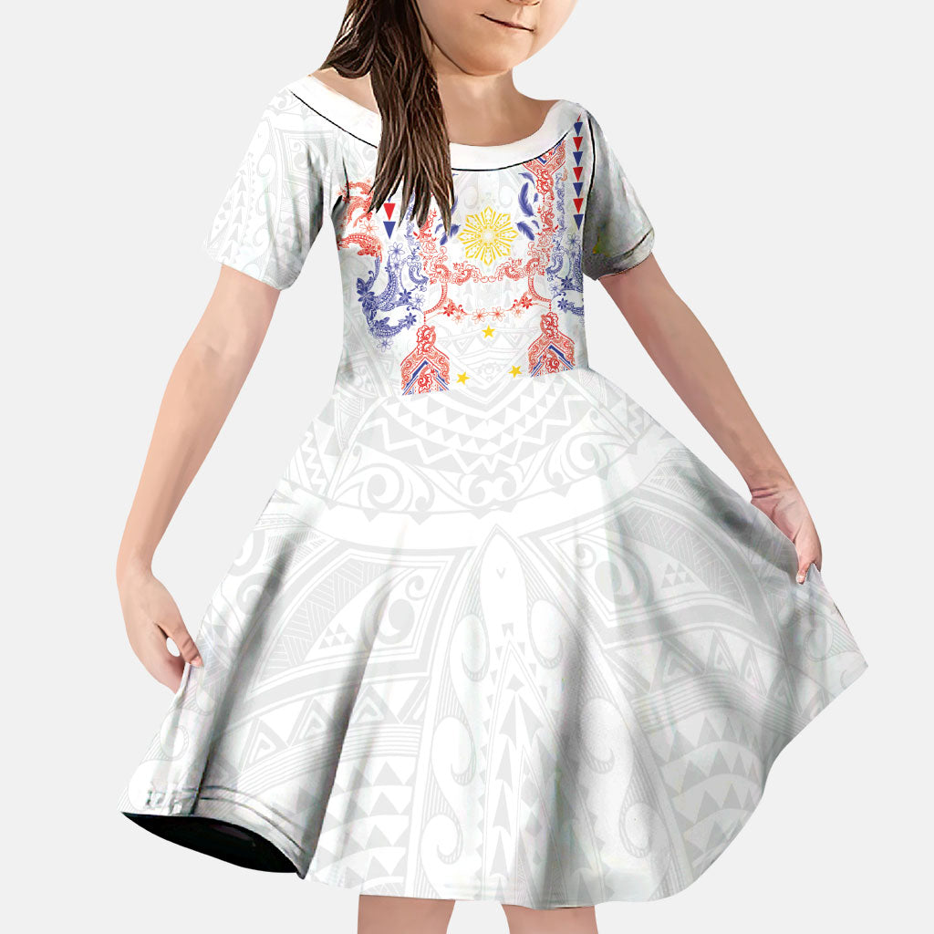 Philippines Barong Style Family Matching Mermaid Dress and Hawaiian Shirt Polynesian Kakau Art Tattoos with Tribal Filipino Sun LT03 Daughter's Dress White - Polynesian Pride
