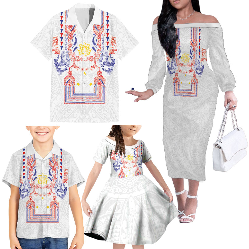 Philippines Barong Style Family Matching Off The Shoulder Long Sleeve Dress and Hawaiian Shirt Polynesian Kakau Art Tattoos with Tribal Filipino Sun LT03 - Polynesian Pride