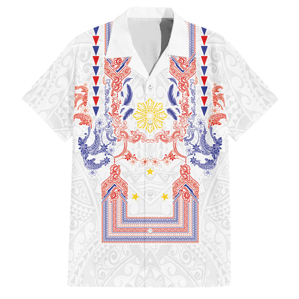 Philippines Barong Style Family Matching Off Shoulder Maxi Dress and Hawaiian Shirt Polynesian Kakau Art Tattoos with Tribal Filipino Sun LT03 Dad's Shirt - Short Sleeve White - Polynesian Pride