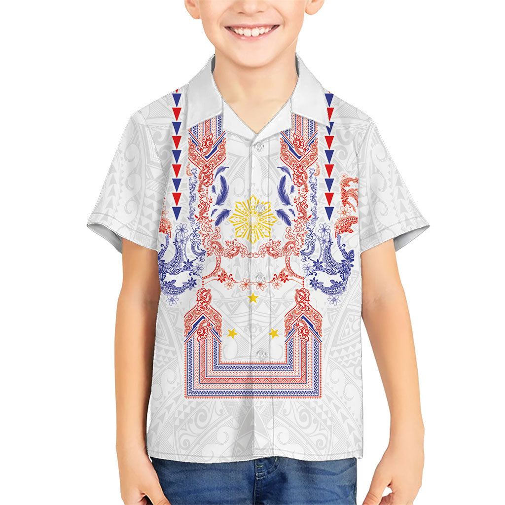 Philippines Barong Style Family Matching Off Shoulder Maxi Dress and Hawaiian Shirt Polynesian Kakau Art Tattoos with Tribal Filipino Sun LT03 Son's Shirt White - Polynesian Pride