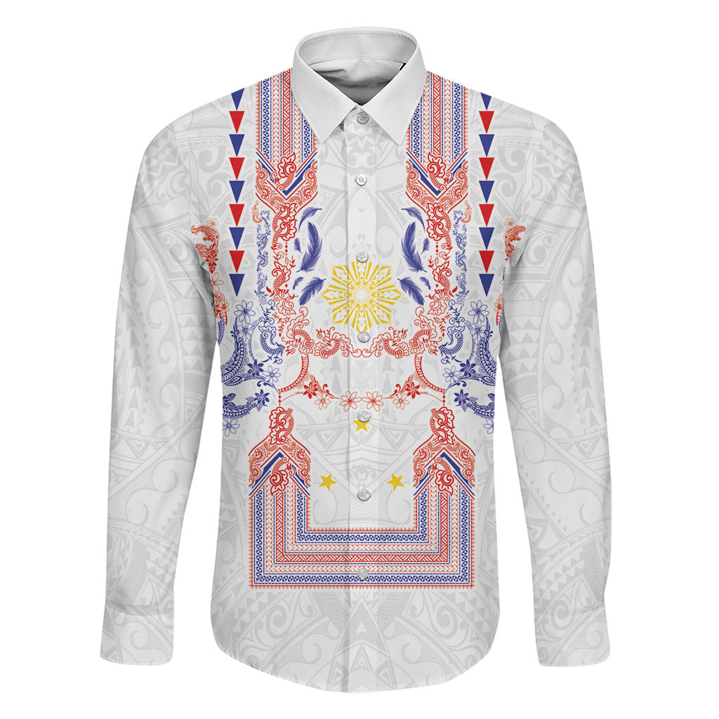 Philippines Barong Style Family Matching Summer Maxi Dress and Hawaiian Shirt Polynesian Kakau Art Tattoos with Tribal Filipino Sun LT03 Dad's Shirt - Long Sleeve White - Polynesian Pride