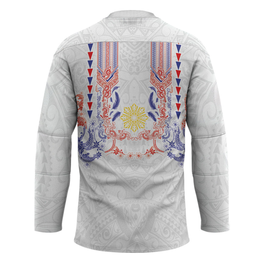 Philippines Barong Style Hockey Jersey Polynesian Kakau Art Tattoos with Tribal Filipino Sun LT03 - Polynesian Pride