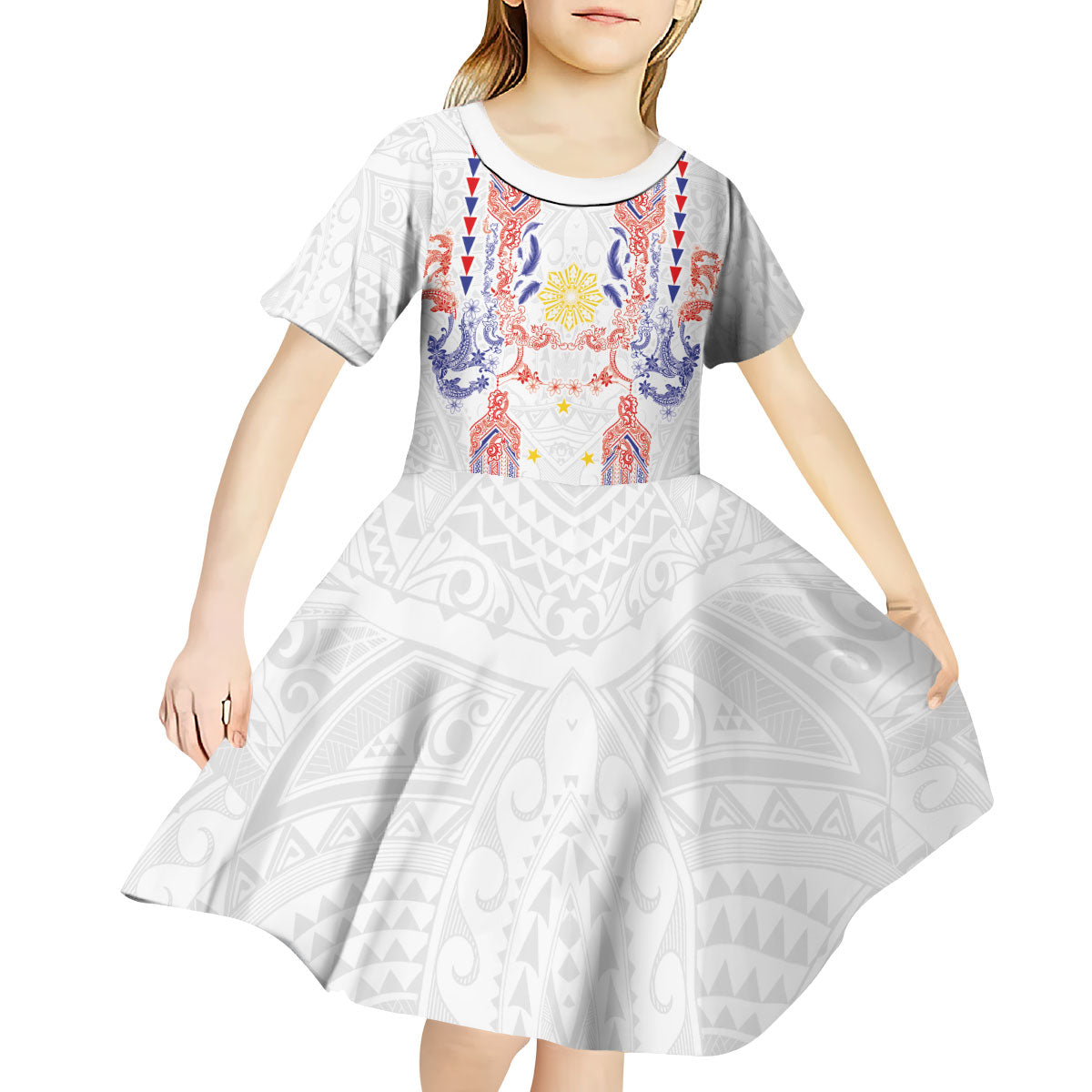 Philippines Barong Style Kid Short Sleeve Dress Polynesian Kakau Art Tattoos with Tribal Filipino Sun LT03 - Polynesian Pride