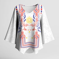 Philippines Barong Style Kimono Sleeve Blouse Polynesian Kakau Art Tattoos with Tribal Filipino Sun LT03 Female White - Polynesian Pride