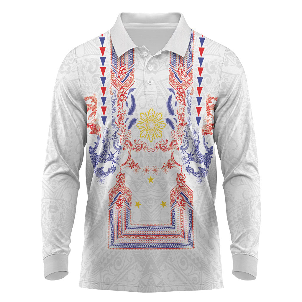 Philippines Barong Style Long Sleeve Polo Shirt Polynesian Kakau Art Tattoos with Tribal Filipino Sun LT03 White - Polynesian Pride