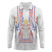 Philippines Barong Style Long Sleeve Polo Shirt Polynesian Kakau Art Tattoos with Tribal Filipino Sun LT03 White - Polynesian Pride