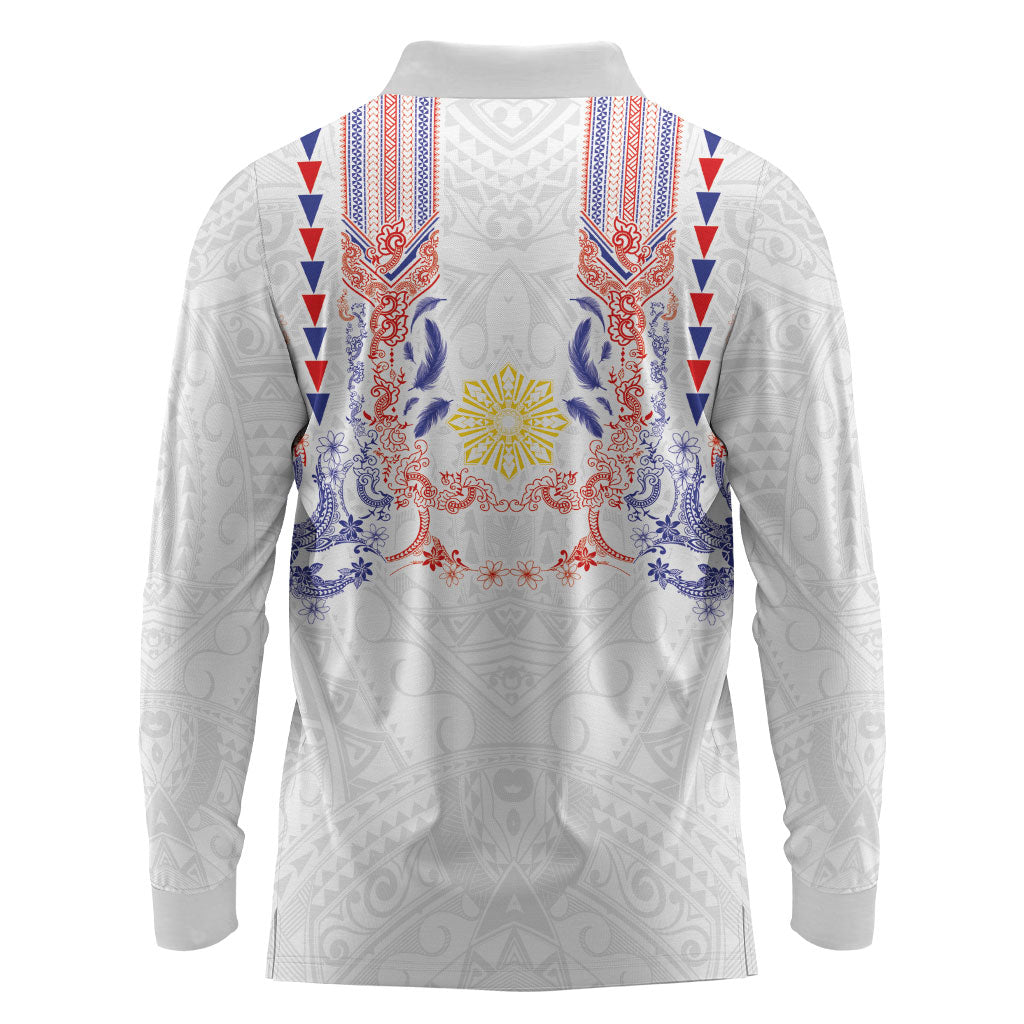 Philippines Barong Style Long Sleeve Polo Shirt Polynesian Kakau Art Tattoos with Tribal Filipino Sun LT03 - Polynesian Pride