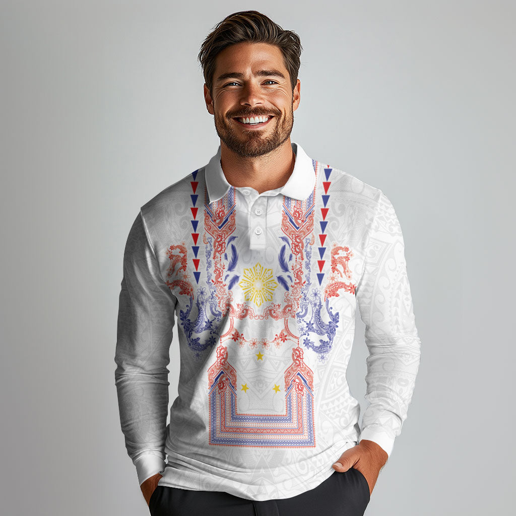 Philippines Barong Style Long Sleeve Polo Shirt Polynesian Kakau Art Tattoos with Tribal Filipino Sun LT03 - Polynesian Pride
