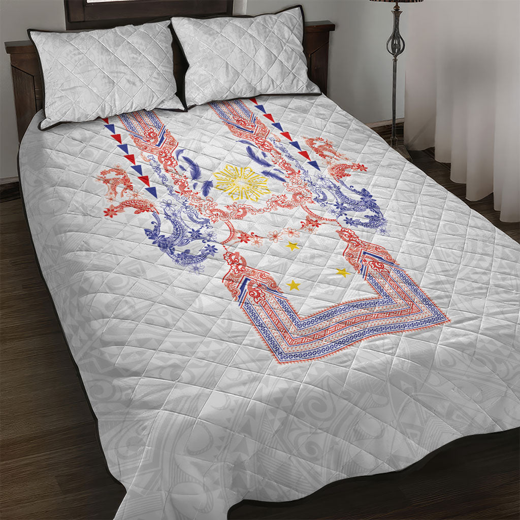 Philippines Barong Style Quilt Bed Set Polynesian Kakau Art Tattoos with Tribal Filipino Sun LT03 White - Polynesian Pride