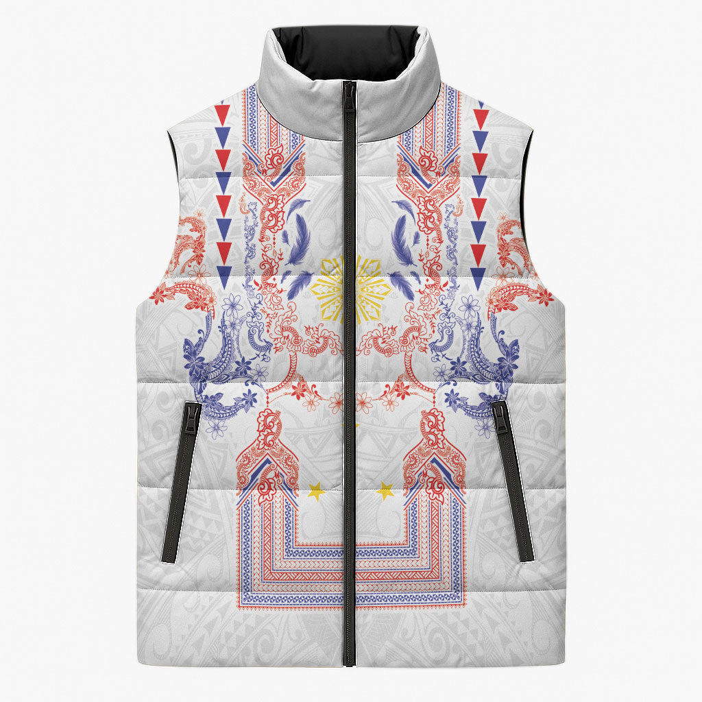 Philippines Barong Style Sleeveless Puffer Jacket Polynesian Kakau Art Tattoos with Tribal Filipino Sun LT03 Unisex White - Polynesian Pride