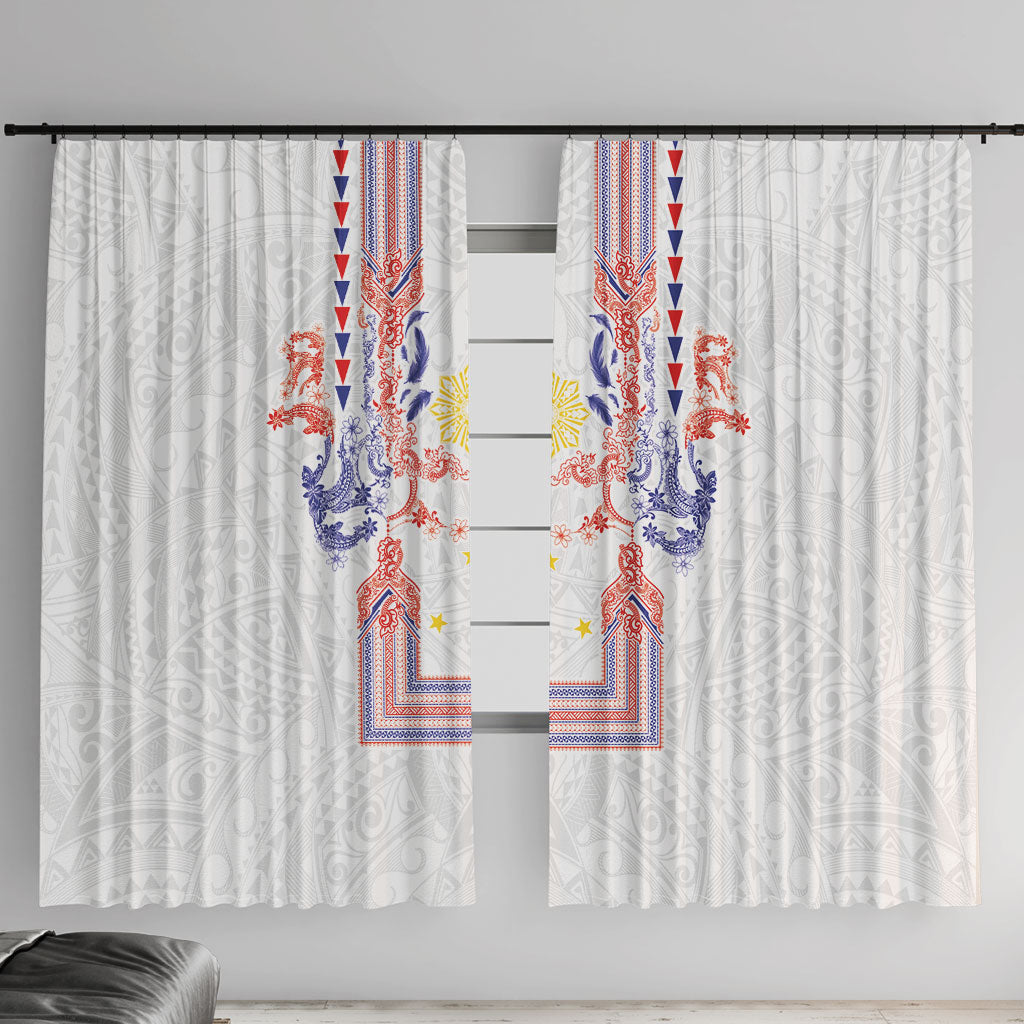 Philippines Barong Style Window Curtain Polynesian Kakau Art Tattoos with Tribal Filipino Sun LT03 With Hooks White - Polynesian Pride