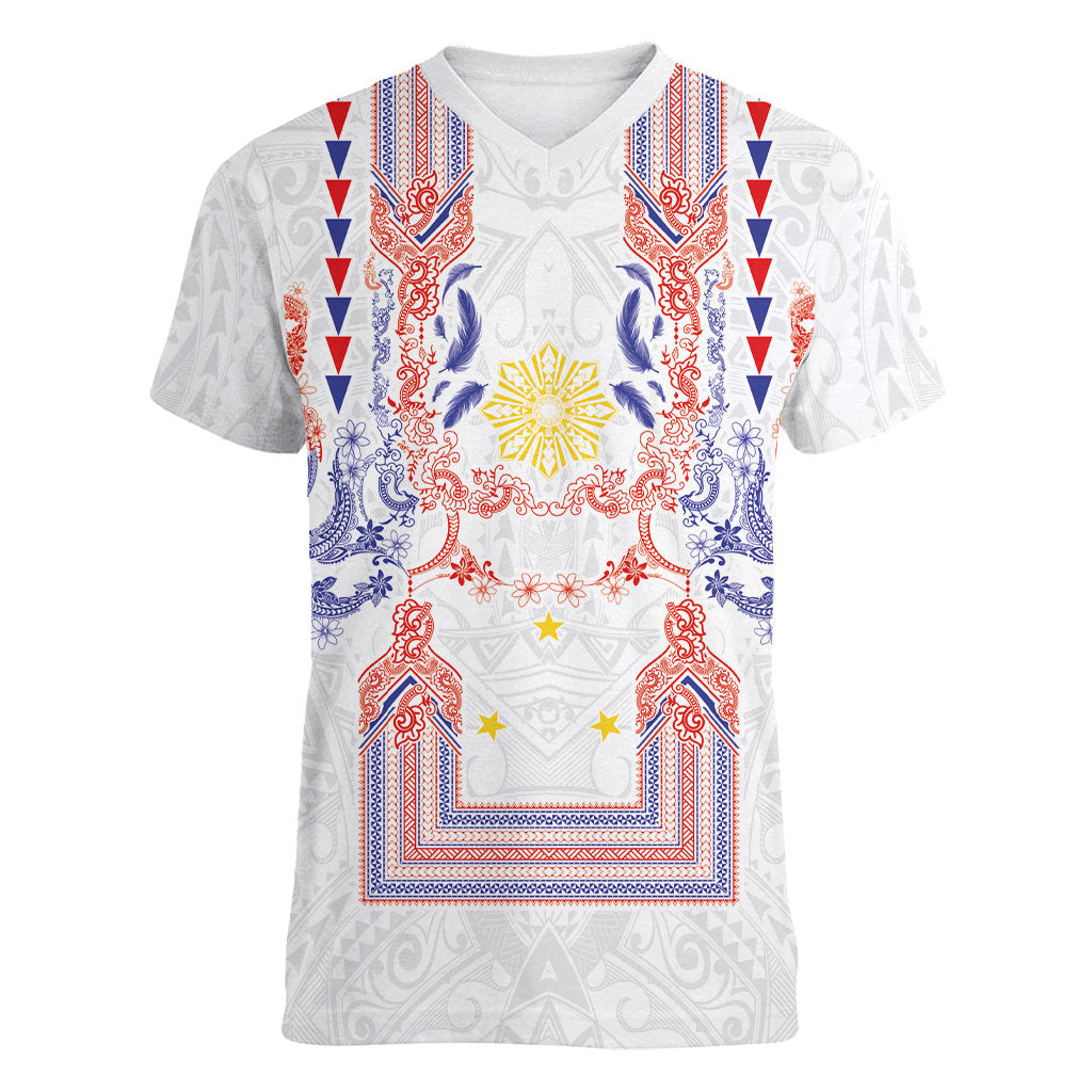 Philippines Barong Style Women V-Neck T-Shirt Polynesian Kakau Art Tattoos with Tribal Filipino Sun LT03 Female White - Polynesian Pride