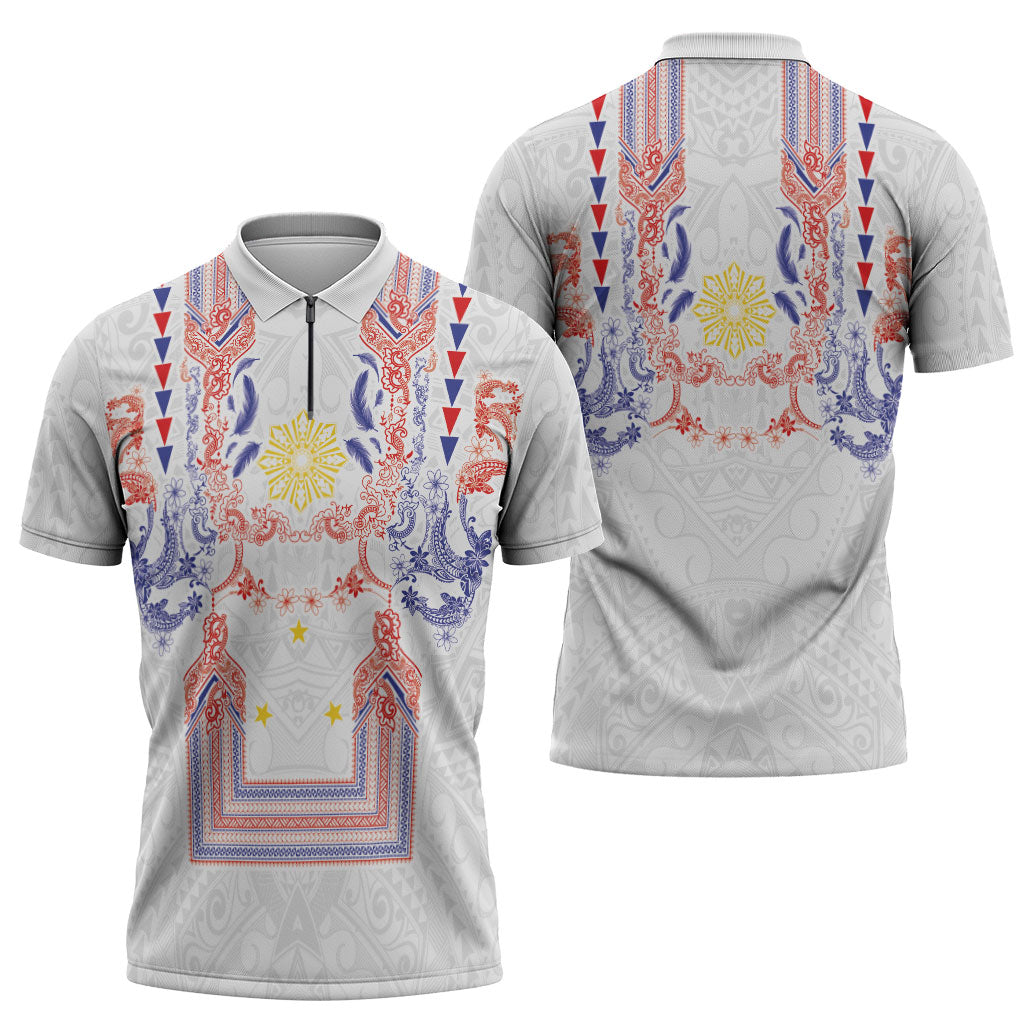 Philippines Barong Style Zipper Polo Shirt Polynesian Kakau Art Tattoos with Tribal Filipino Sun LT03 - Polynesian Pride