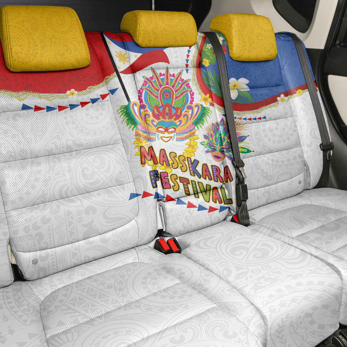 Philippines MassKara Festival Back Car Seat Cover Smile Masks with Hawaiian Art Pattern and Tropical Plants LT03 - Polynesian Pride