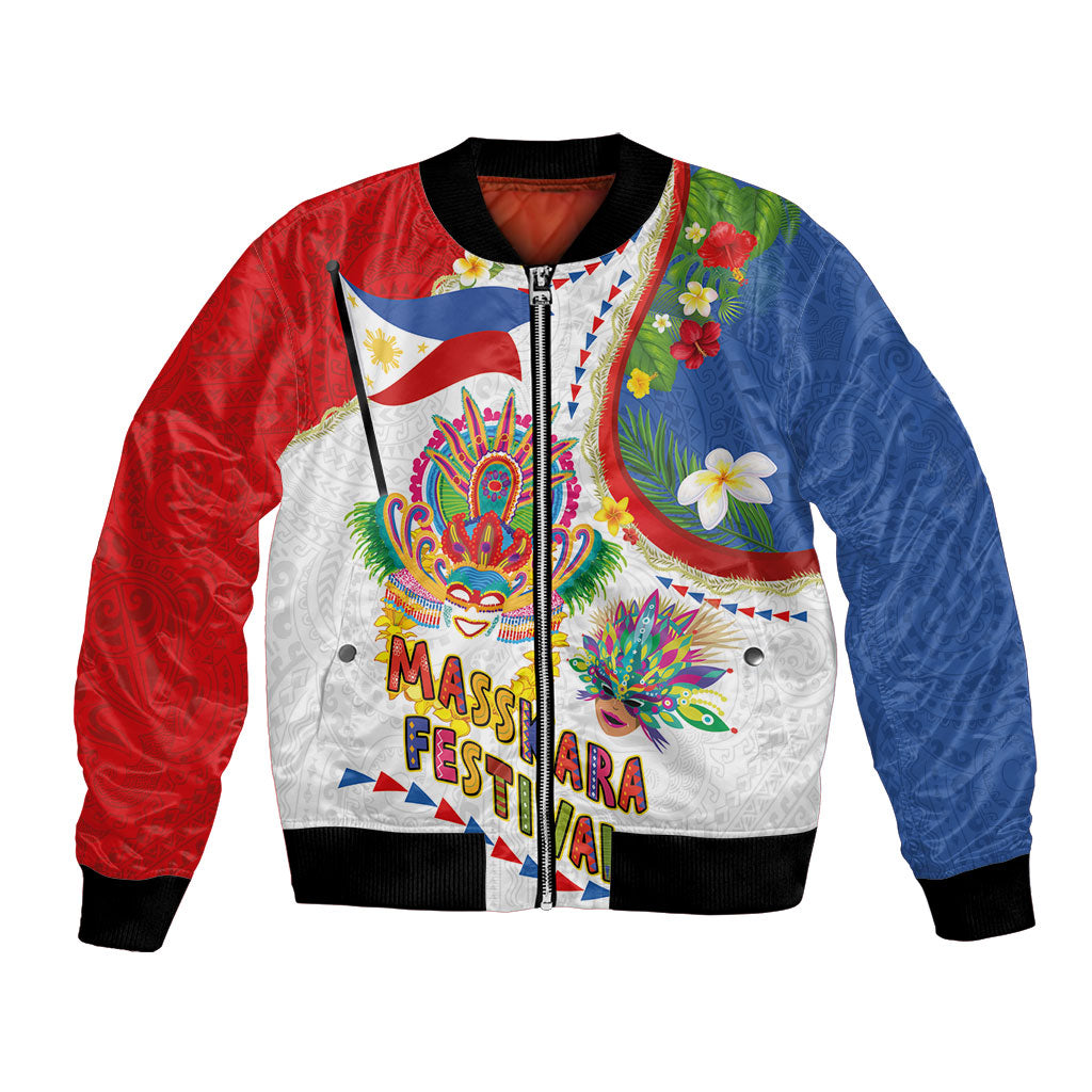 Philippines MassKara Festival Bomber Jacket Smile Masks with Hawaiian Art Pattern and Tropical Plants LT03 Unisex Multicolor - Polynesian Pride