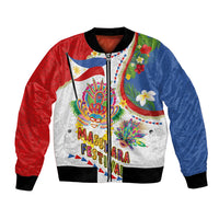 Philippines MassKara Festival Bomber Jacket Smile Masks with Hawaiian Art Pattern and Tropical Plants LT03 Unisex Multicolor - Polynesian Pride