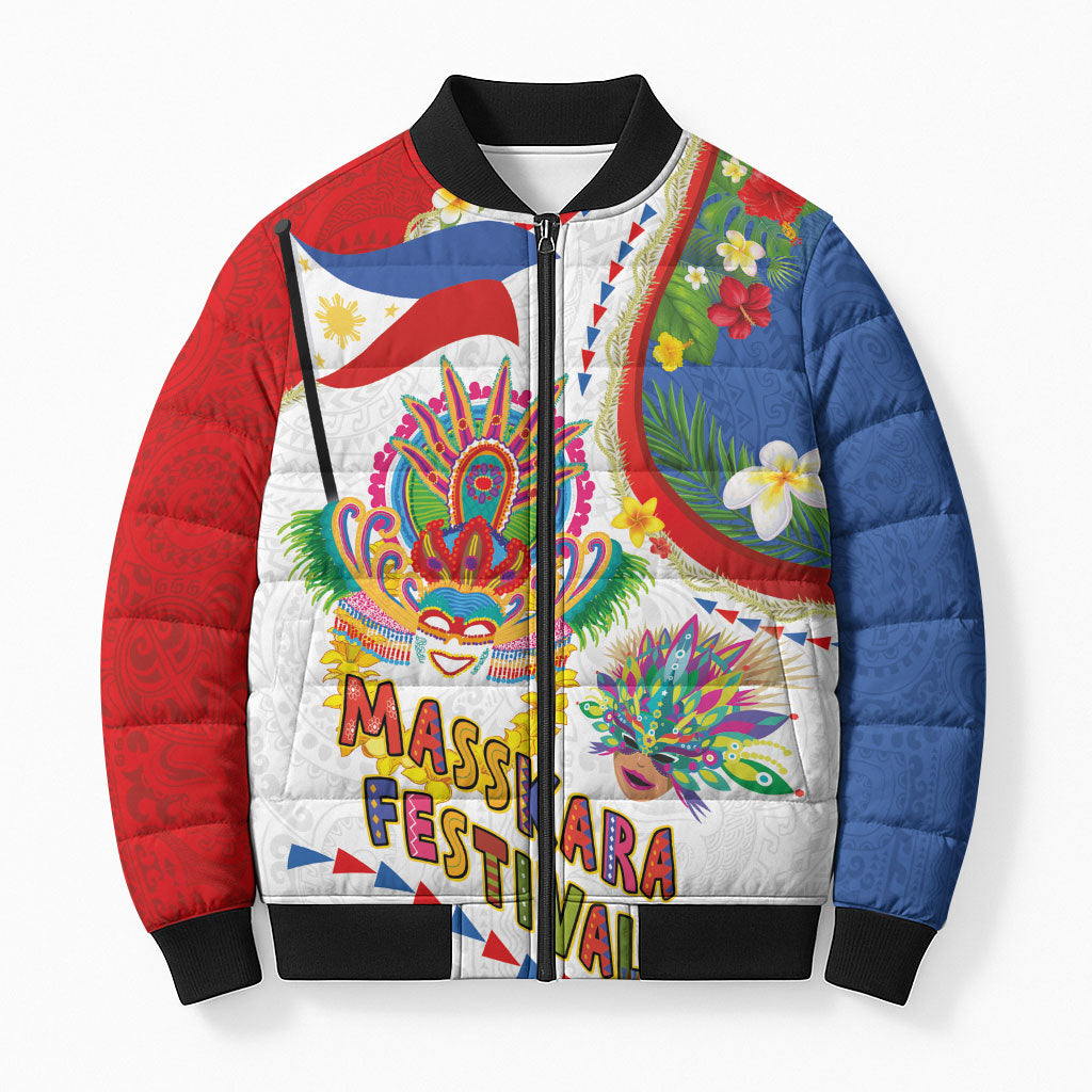 Philippines MassKara Festival Bomber Puffer Jacket Smile Masks with Hawaiian Art Pattern and Tropical Plants