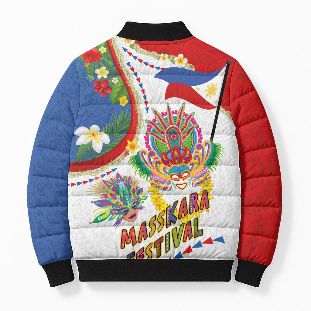 Philippines MassKara Festival Bomber Puffer Jacket Smile Masks with Hawaiian Art Pattern and Tropical Plants