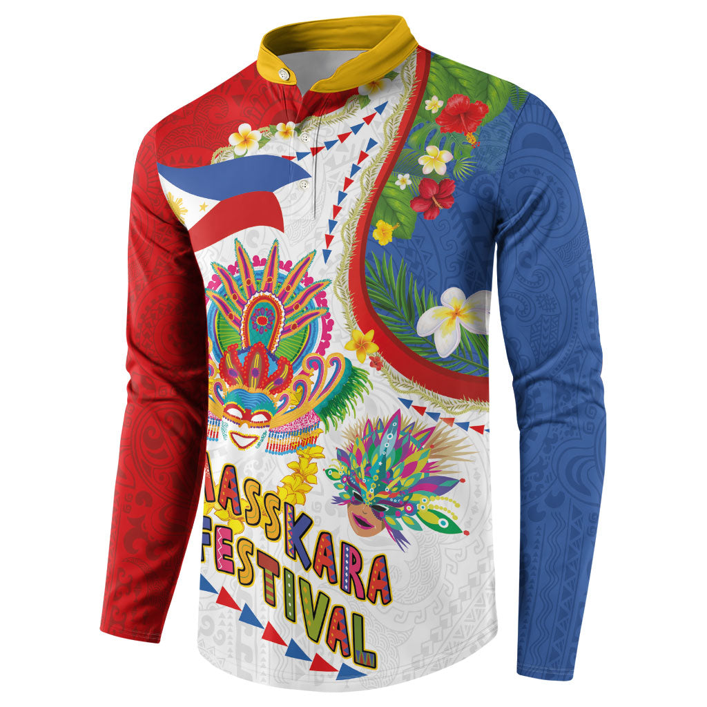 Philippines MassKara Festival Button Sweatshirt Smile Masks with Hawaiian Art Pattern and Tropical Plants LT03 - Polynesian Pride