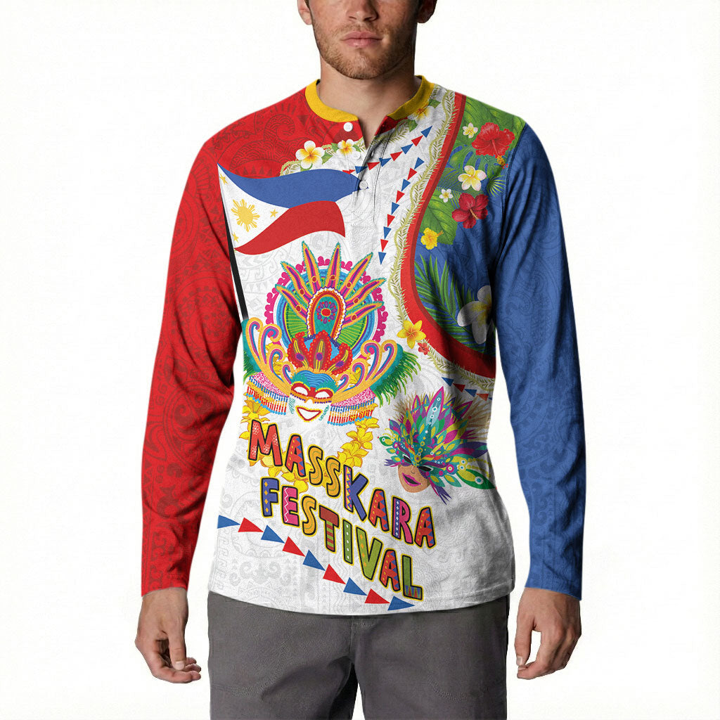 Philippines MassKara Festival Button Sweatshirt Smile Masks with Hawaiian Art Pattern and Tropical Plants LT03 - Polynesian Pride