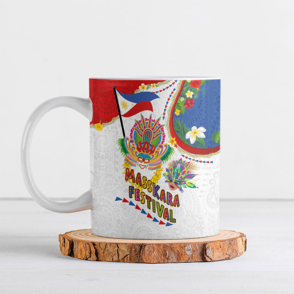 Philippines MassKara Festival Ceramic Mug Smile Masks with Hawaiian Art Pattern and Tropical Plants