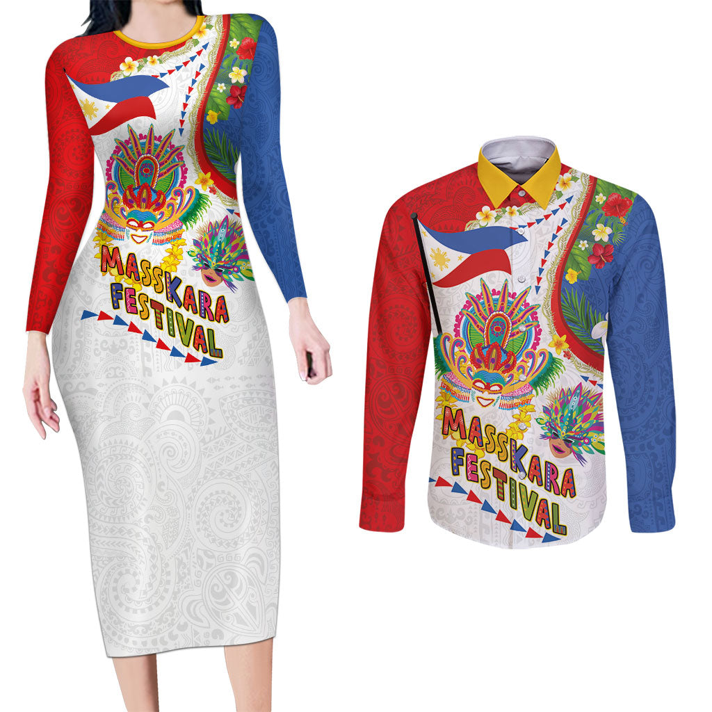 Philippines MassKara Festival Couples Matching Long Sleeve Bodycon Dress and Long Sleeve Button Shirt Smile Masks with Hawaiian Art Pattern and Tropical Plants LT03 Multicolor - Polynesian Pride