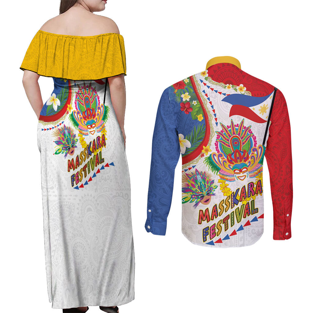 Philippines MassKara Festival Couples Matching Off Shoulder Maxi Dress and Long Sleeve Button Shirt Smile Masks with Hawaiian Art Pattern and Tropical Plants LT03 - Polynesian Pride