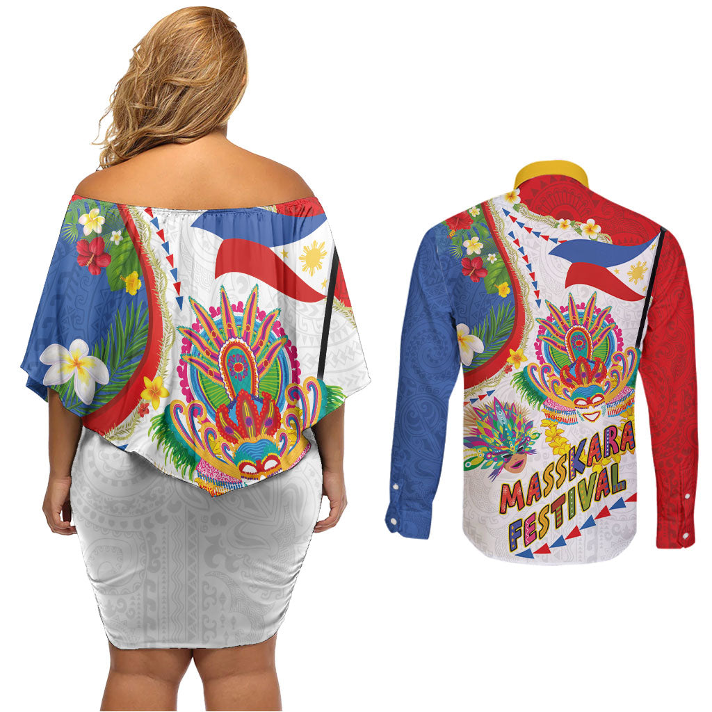 Philippines MassKara Festival Couples Matching Off Shoulder Short Dress and Long Sleeve Button Shirt Smile Masks with Hawaiian Art Pattern and Tropical Plants LT03 - Polynesian Pride
