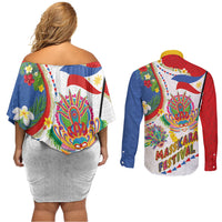 Philippines MassKara Festival Couples Matching Off Shoulder Short Dress and Long Sleeve Button Shirt Smile Masks with Hawaiian Art Pattern and Tropical Plants LT03 - Polynesian Pride