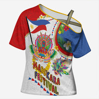 Philippines MassKara Festival Cross Shoulder Shirt Smile Masks with Hawaiian Art Pattern and Tropical Plants LT03 Female Multicolor - Polynesian Pride