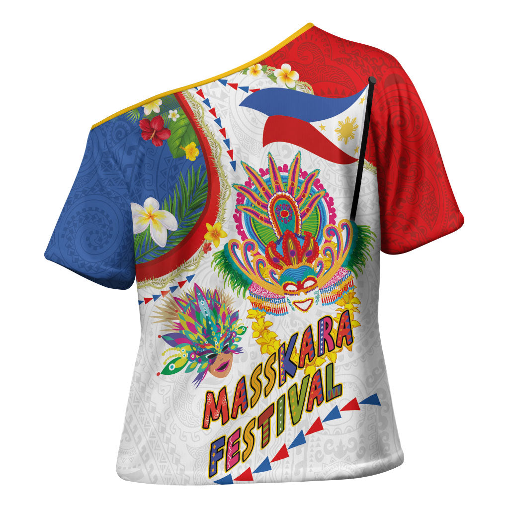 Philippines MassKara Festival Cross Shoulder Shirt Smile Masks with Hawaiian Art Pattern and Tropical Plants LT03 - Polynesian Pride