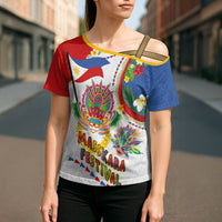 Philippines MassKara Festival Cross Shoulder Shirt Smile Masks with Hawaiian Art Pattern and Tropical Plants LT03 - Polynesian Pride