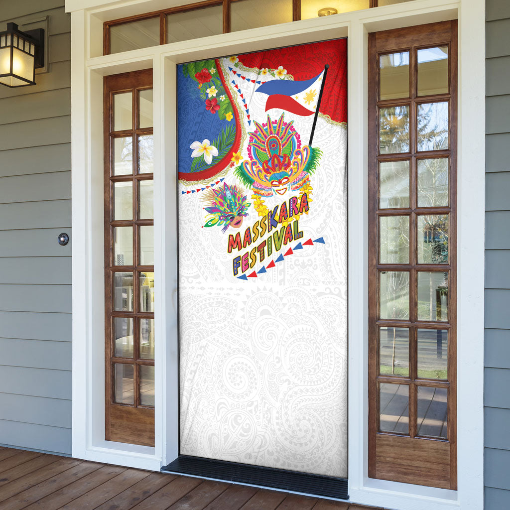 Philippines MassKara Festival Door Cover Smile Masks with Hawaiian Art Pattern and Tropical Plants