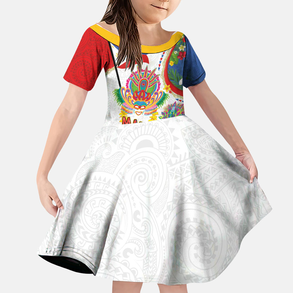 Philippines MassKara Festival Family Matching Long Sleeve Bodycon Dress and Hawaiian Shirt Smile Masks with Hawaiian Art Pattern and Tropical Plants LT03 Daughter's Dress Multicolor - Polynesian Pride